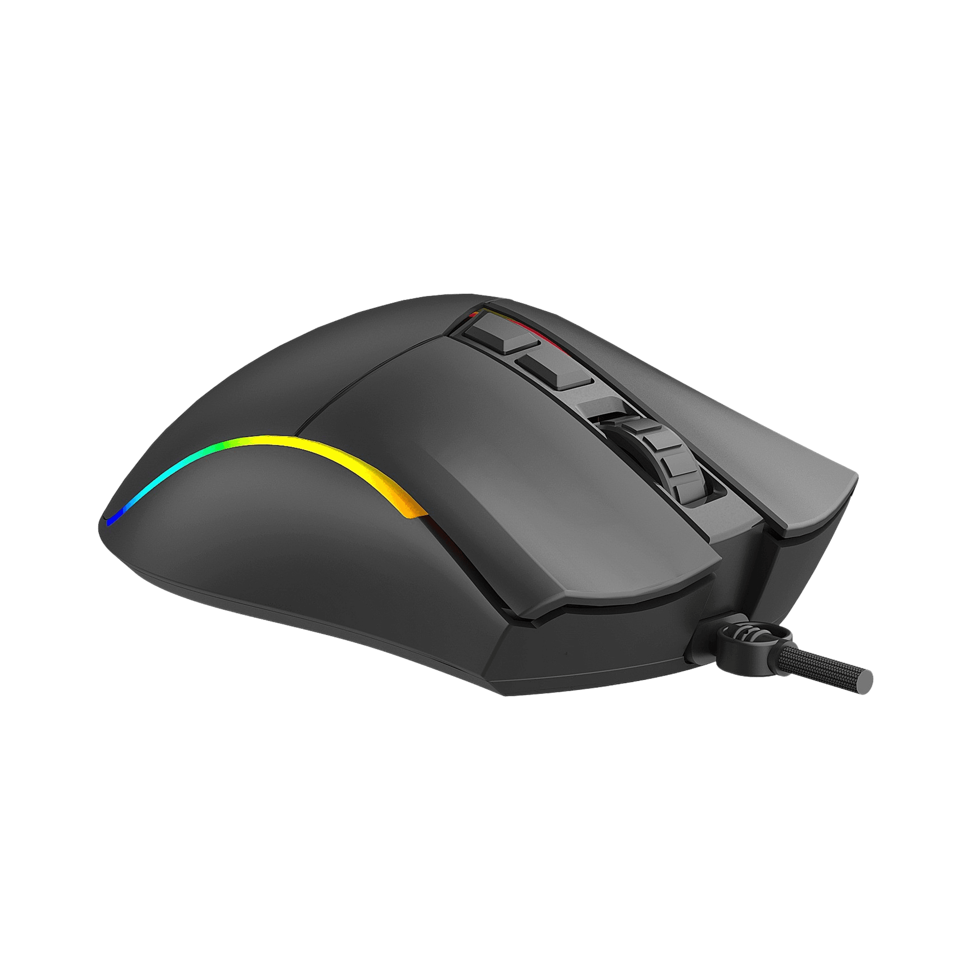 Ratón gaming negro con iluminación RGB y rueda de desplazamiento.