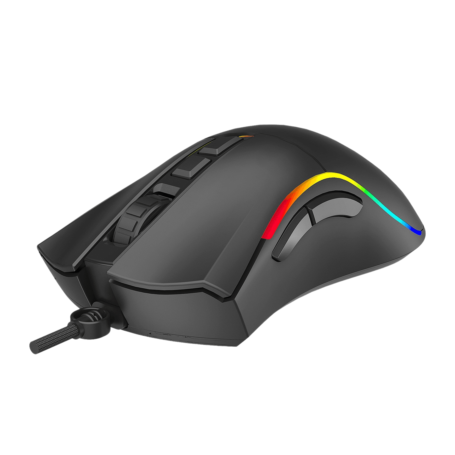 Ratón gaming negro con iluminación RGB, rueda de desplazamiento y botones.