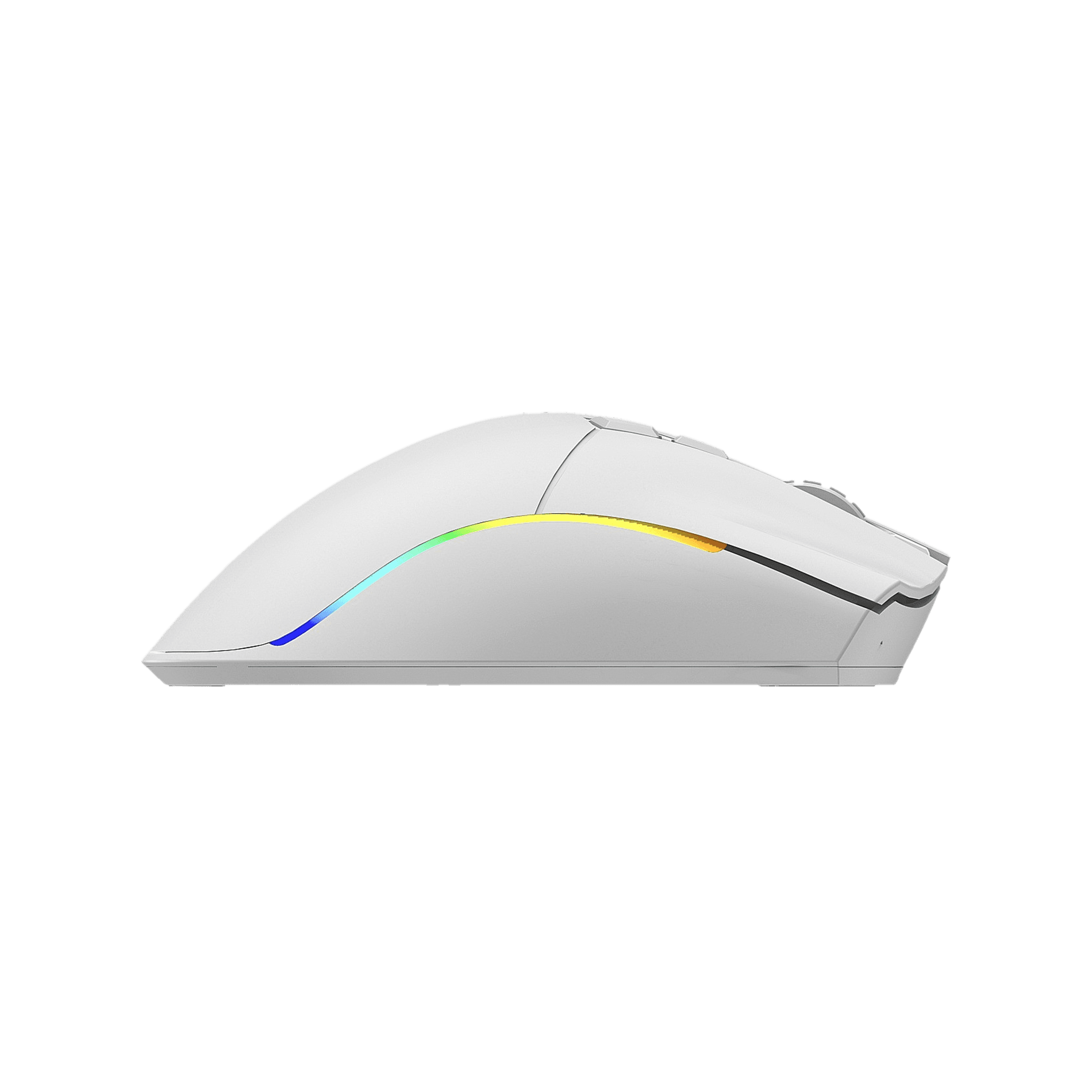 Ratón gaming blanco con iluminación RGB de perfil sobre fondo gris.