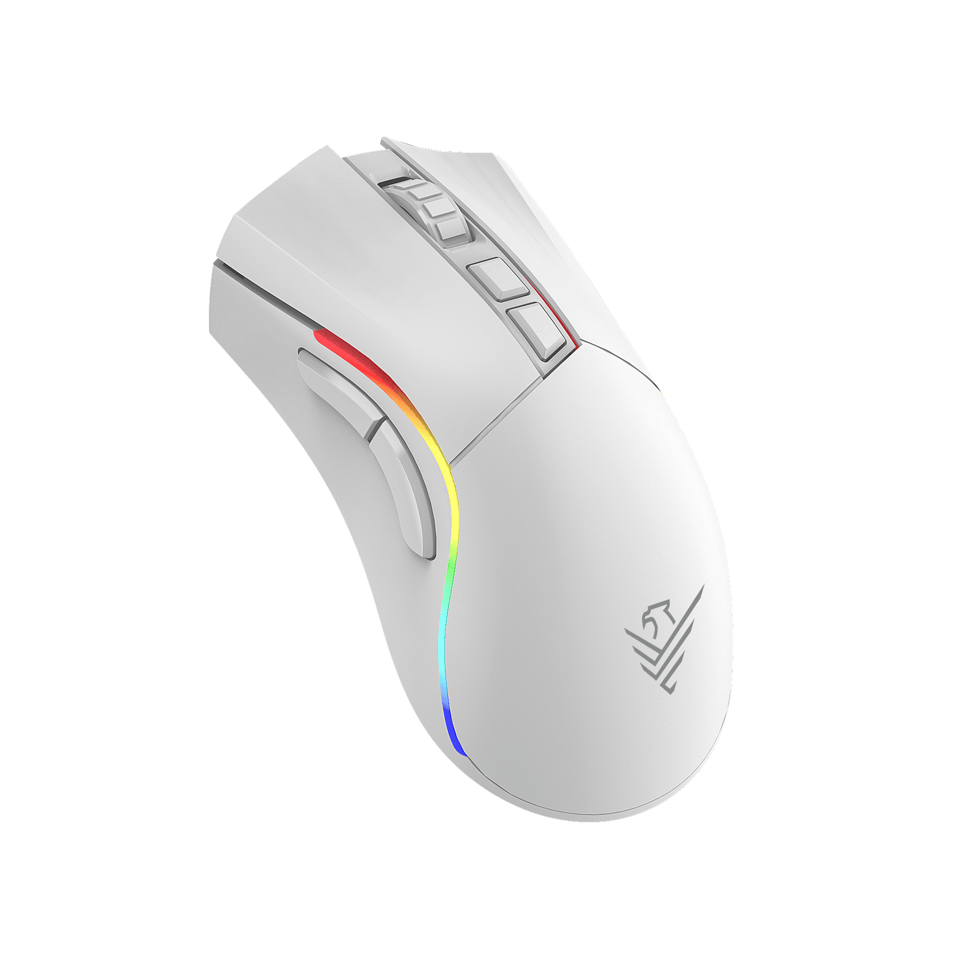 Ratón gaming blanco con iluminación RGB y logo.