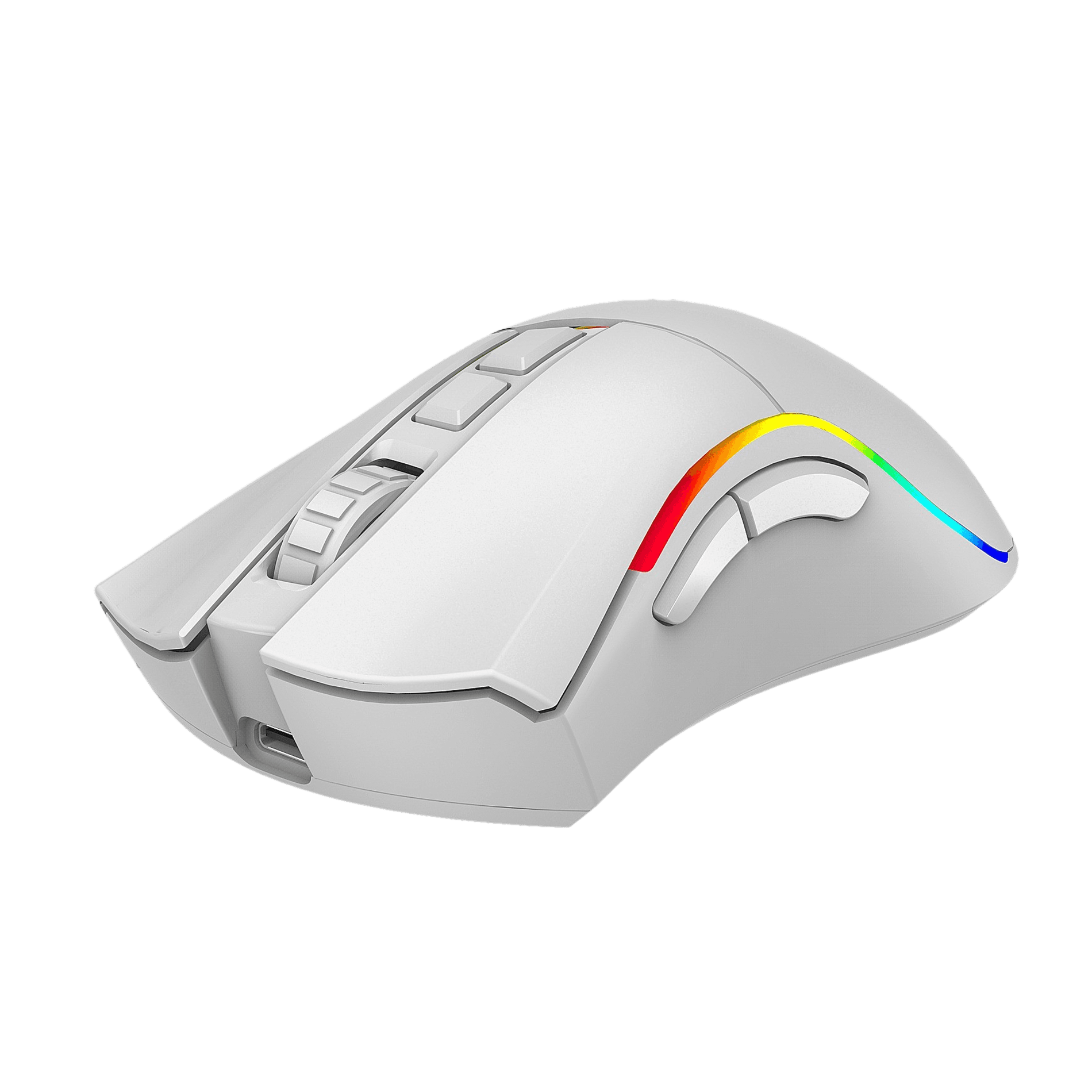 Ratón gaming blanco con iluminación RGB y rueda de desplazamiento.
