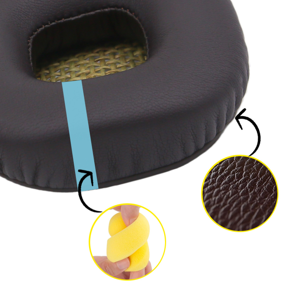 Czarne nauszniki słuchawek z niebieskim paskiem i zbliżeniem pianki.