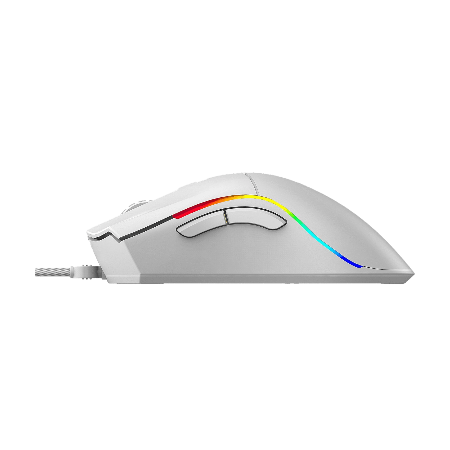 Ratón gaming blanco con iluminación RGB y cable, visto de lado.