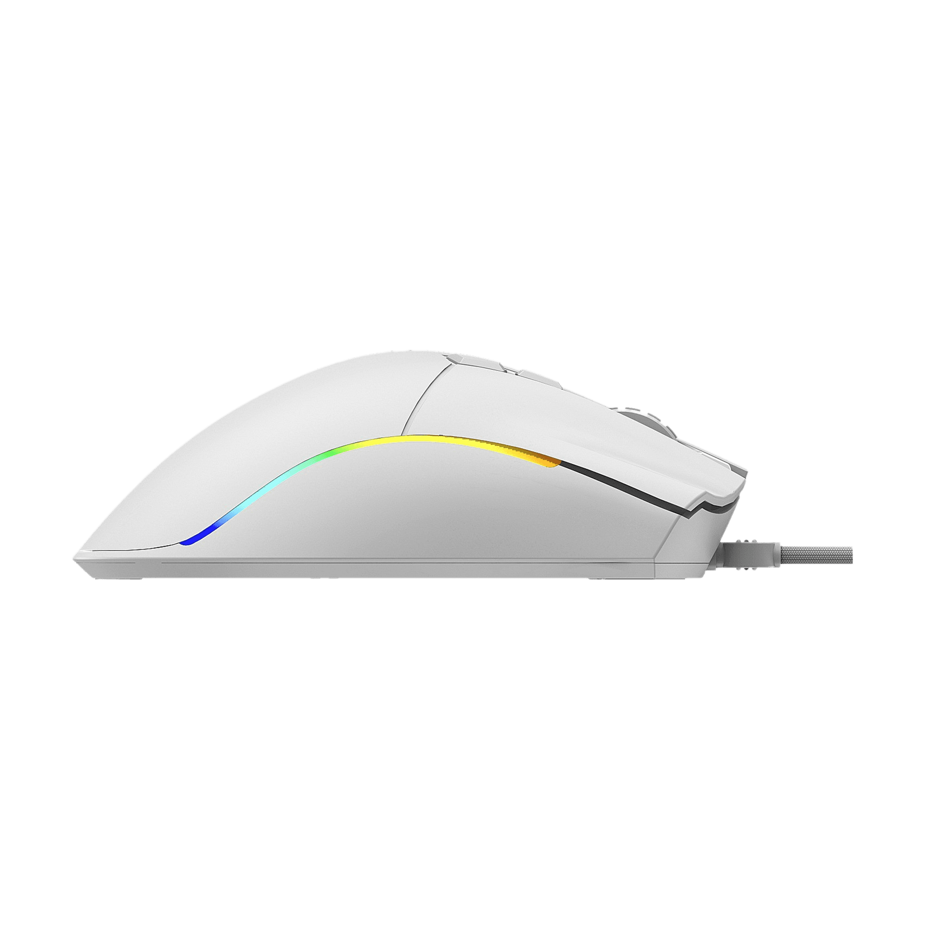 Ratón blanco con iluminación RGB y cable sobre fondo gris.