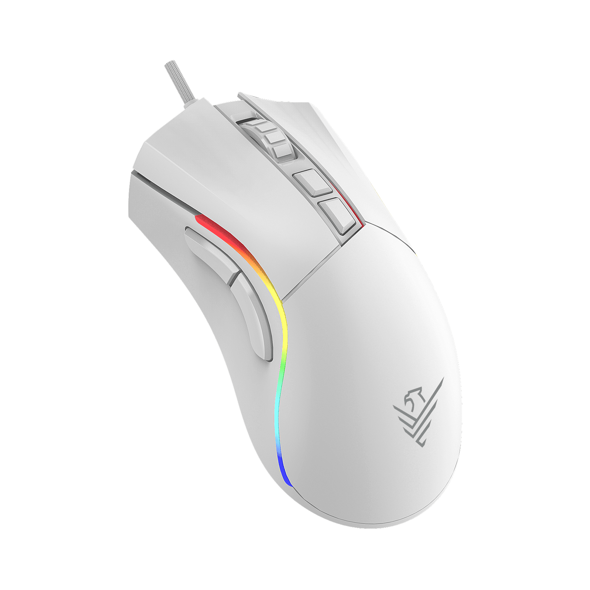 Un ratón gamer blanco con iluminación RGB y varios botones.