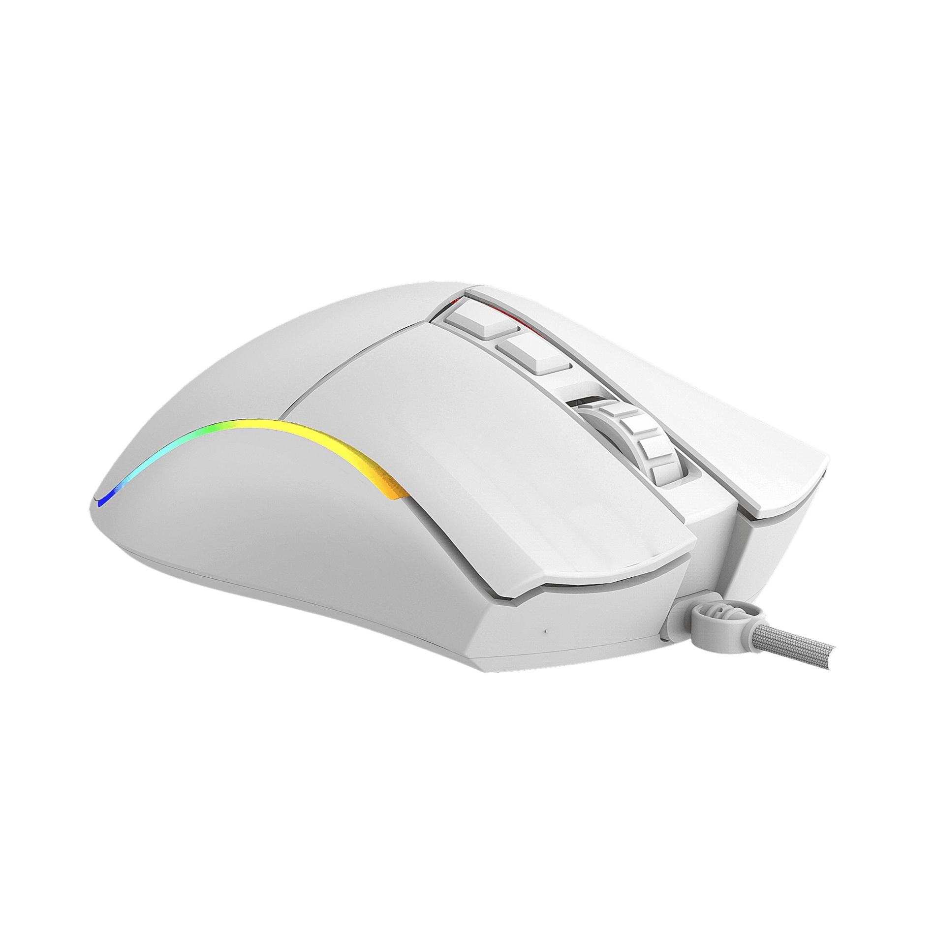 Un ratón gamer blanco con iluminación RGB y entrada de cable.