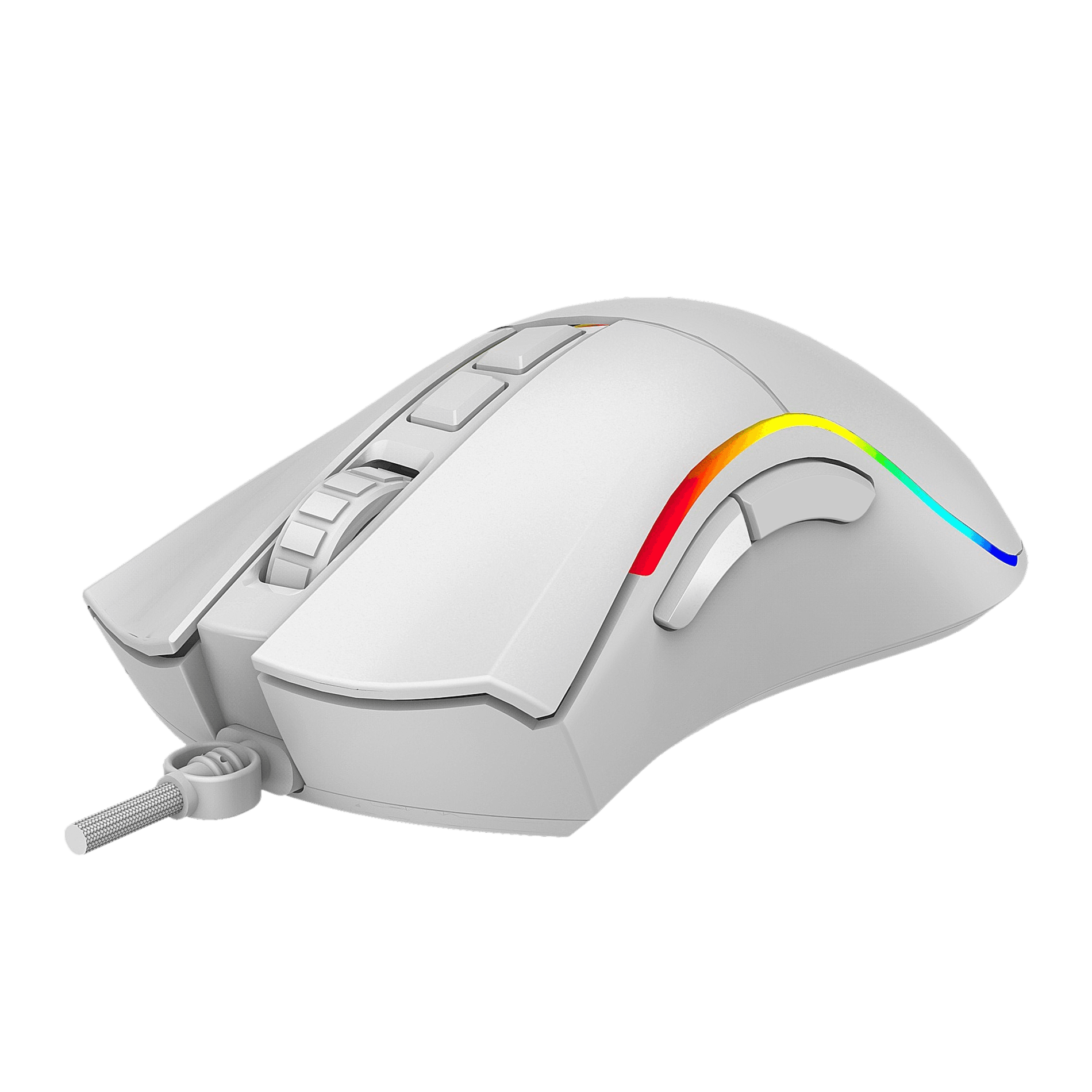 Ratón blanco para juegos con iluminación RGB, rueda de desplazamiento y botones.