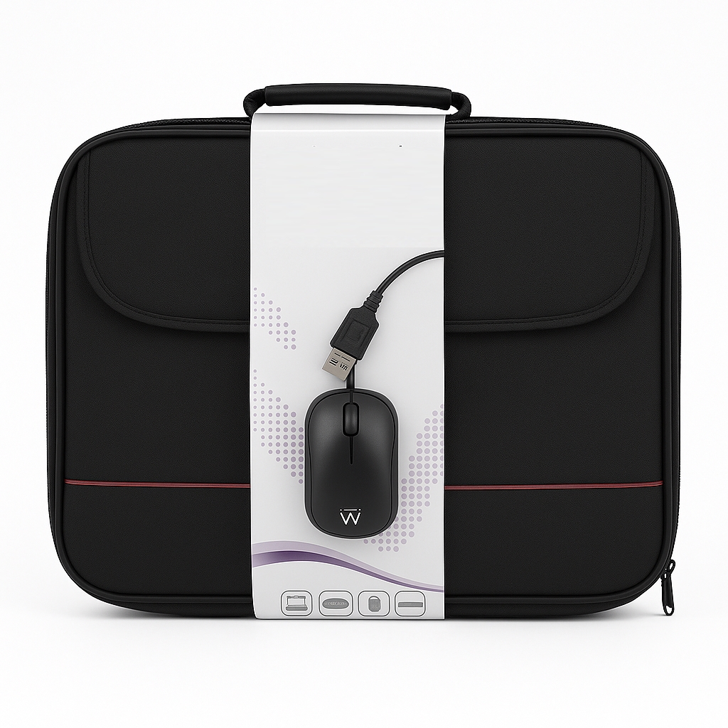 Borsa nera per laptop con mouse e cavo USB sul davanti.