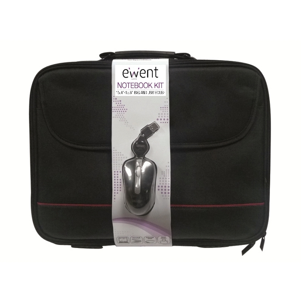 Borsa nera per laptop con mouse wireless confezionato ed etichetta 'ewent notebook kit'.