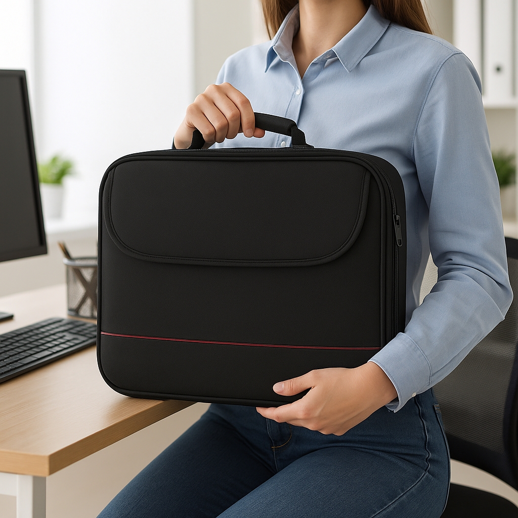 Una persona tiene una borsa nera per laptop con accenti rossi, seduta a una scrivania.