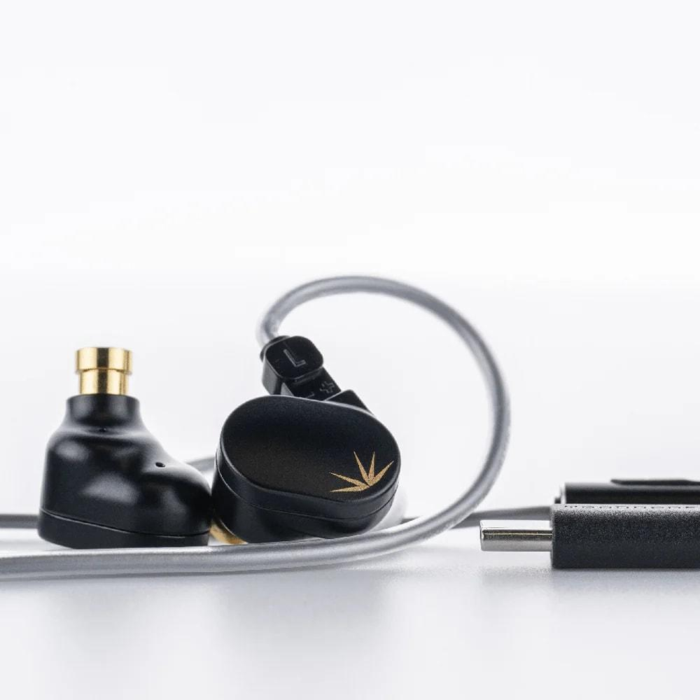 Auricolari neri con accento dorato e cavo su sfondo bianco.
