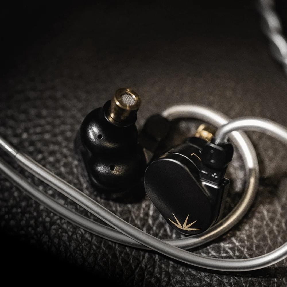 Auricolari neri con logo dorato e cavo argentato su superficie scura.