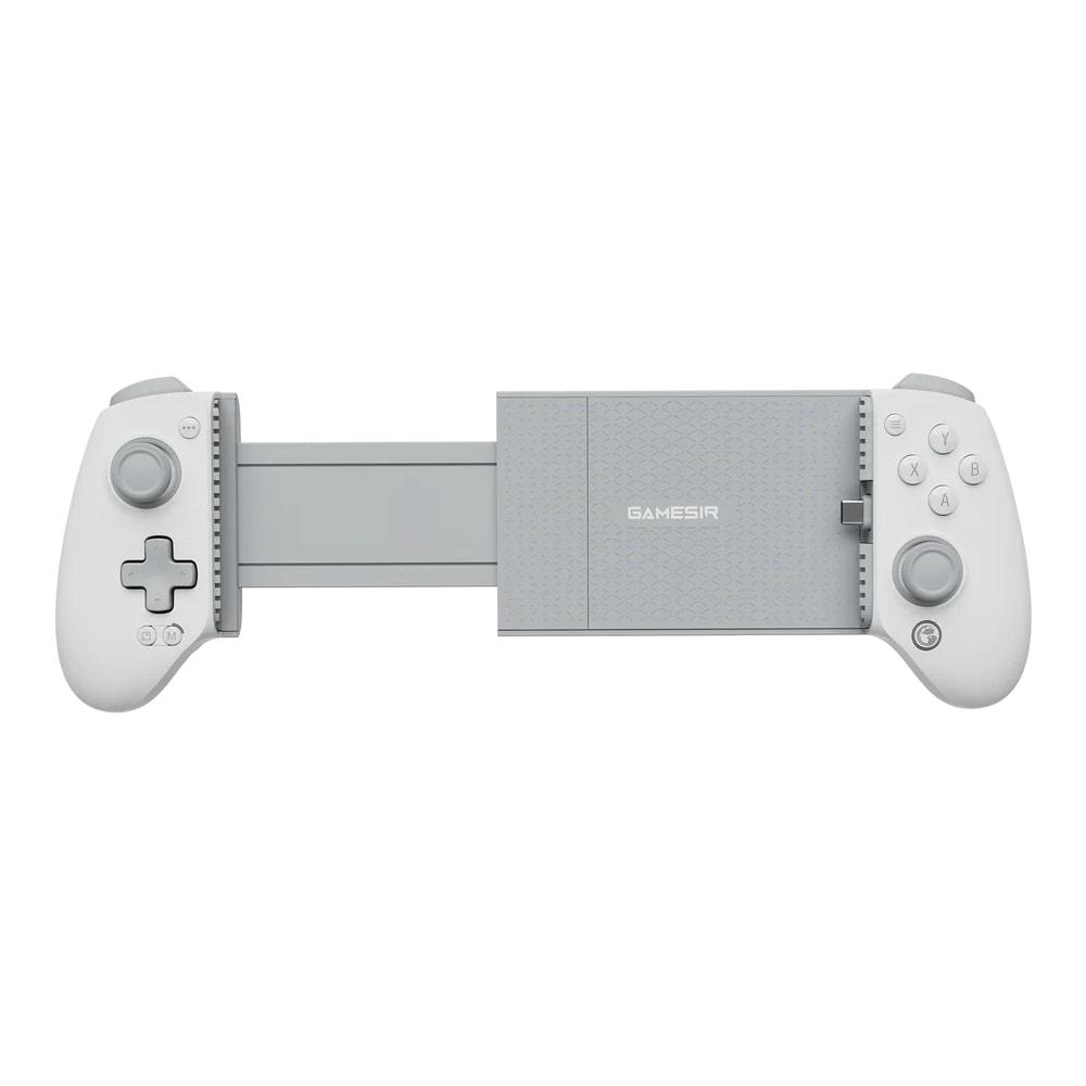 Un controller di gioco bianco estensibile con D-pad e stick analogico.