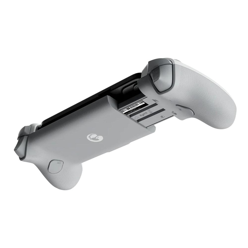 Controller di gioco grigio con porta e logo su sfondo bianco.