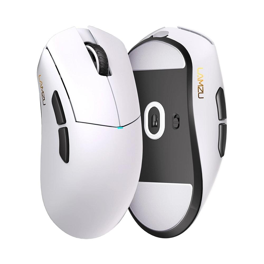 Due mouse bianchi LAMZU uno accanto all'altro, vista frontale e inferiore.