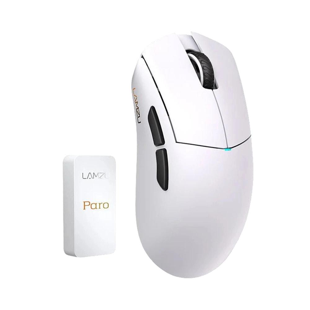 Un mouse wireless bianco e un piccolo ricevitore bianco con etichetta 'Paro'.
