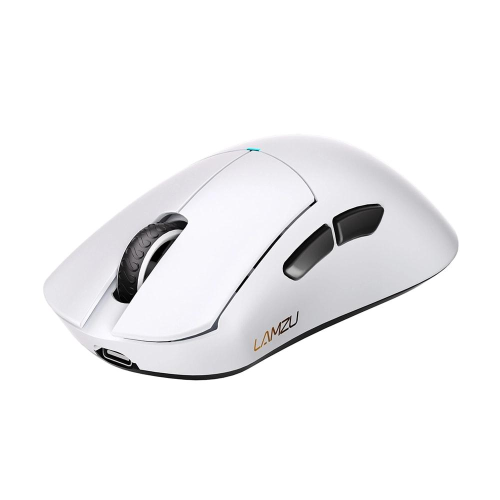 Un mouse gaming wireless bianco con rotellina e pulsanti neri.