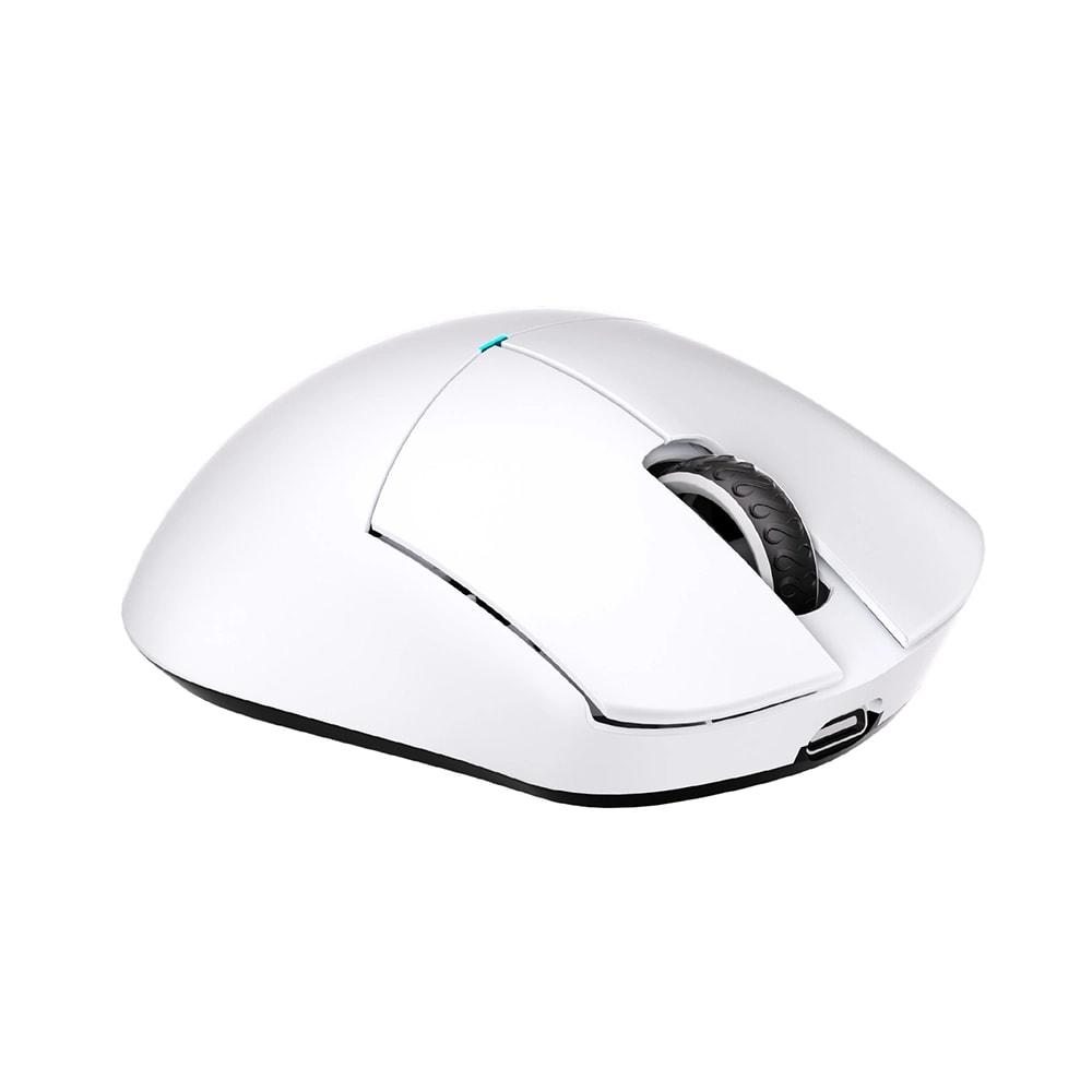 Un mouse bianco per computer con rotellina nera e luce blu.