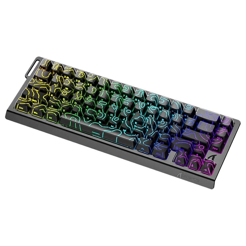 RGB aydınlatmalı ve dikkat çekici sembollere sahip kompakt oyuncu klavyesi.