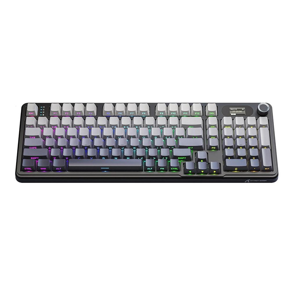 RGB aydınlatmalı tuşlara ve küçük ekrana sahip siyah klavye.