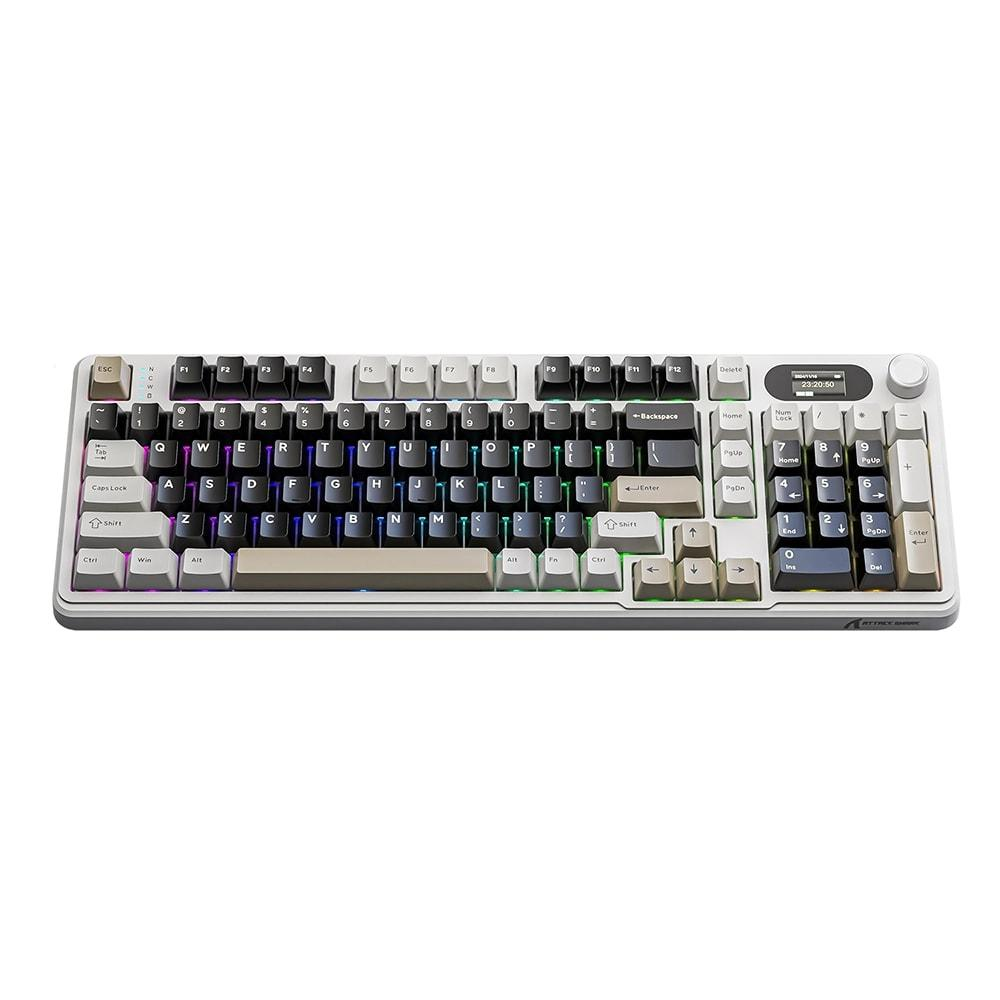 RGB tuş aydınlatmalı ve küçük ekranlı beyaz mekanik klavye.