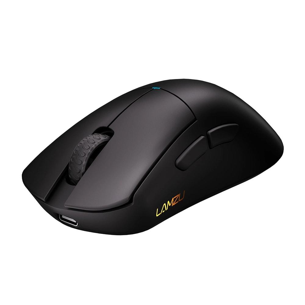 Mouse gaming nero con rotellina, due pulsanti e logo Lamzu.