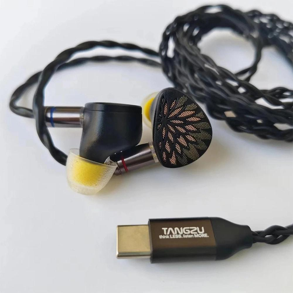 Beyaz arka plan üzerinde USB-C konektörlü ve kablolu siyah kulaklıklar.