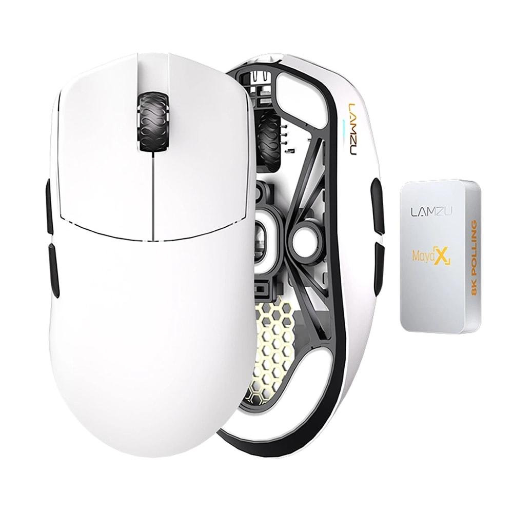 Mouse da gaming bianco con scocca aperta e dongle.