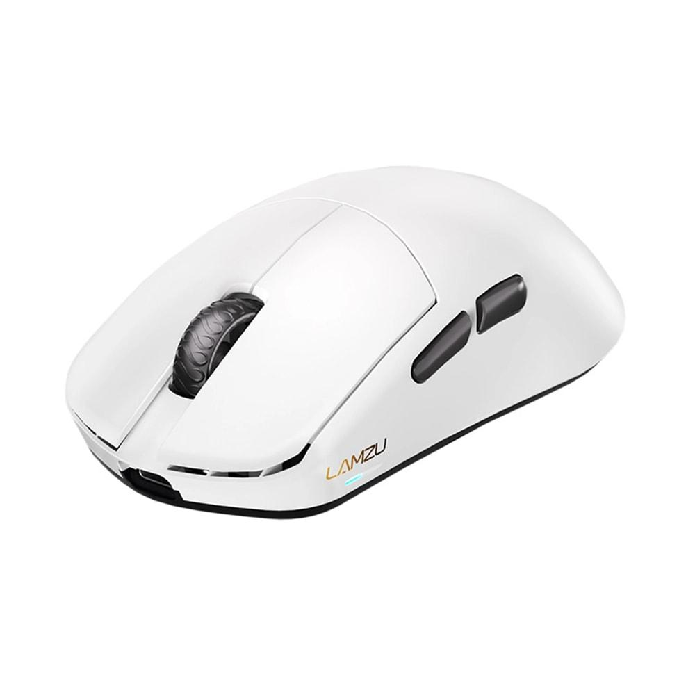 Un mouse da gioco wireless bianco con rotella nera e pulsanti laterali.