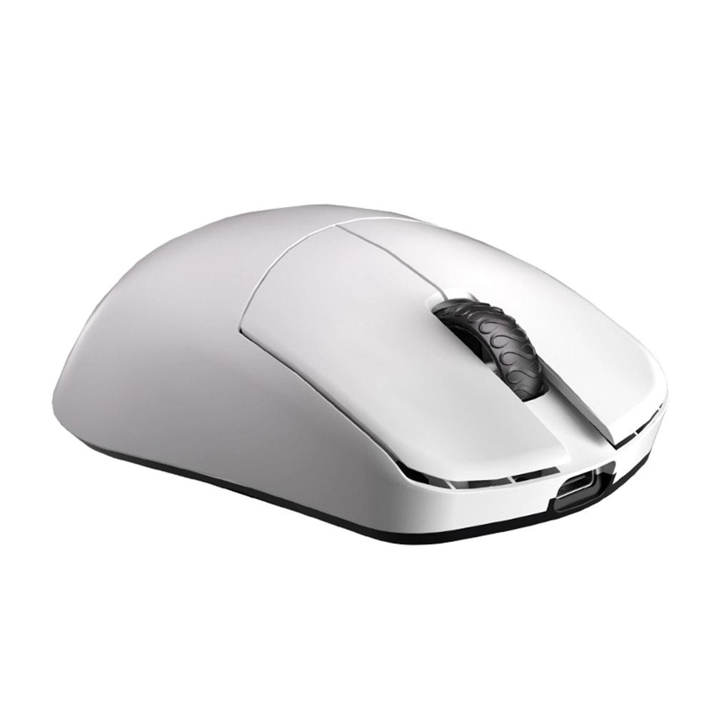 Un mouse bianco per computer con rotellina di scorrimento nera e porta USB-C.