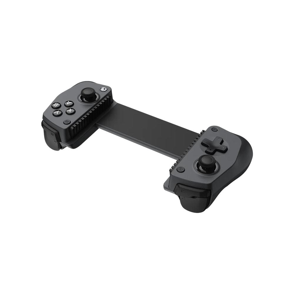 Un controller di gioco estensibile nero con joystick e pulsanti.