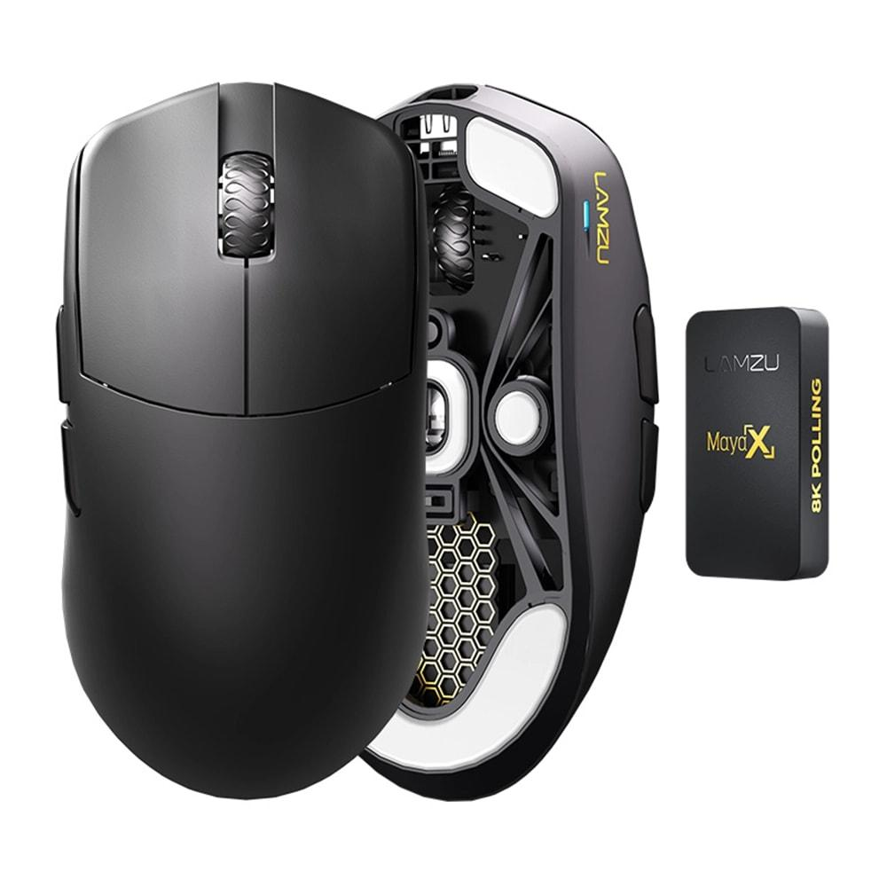 Mouse gaming nero con design traforato e accessori.