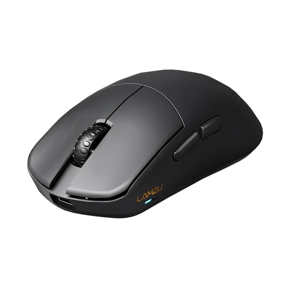 Mouse per computer nero con rotellina, due pulsanti e logo sul lato.