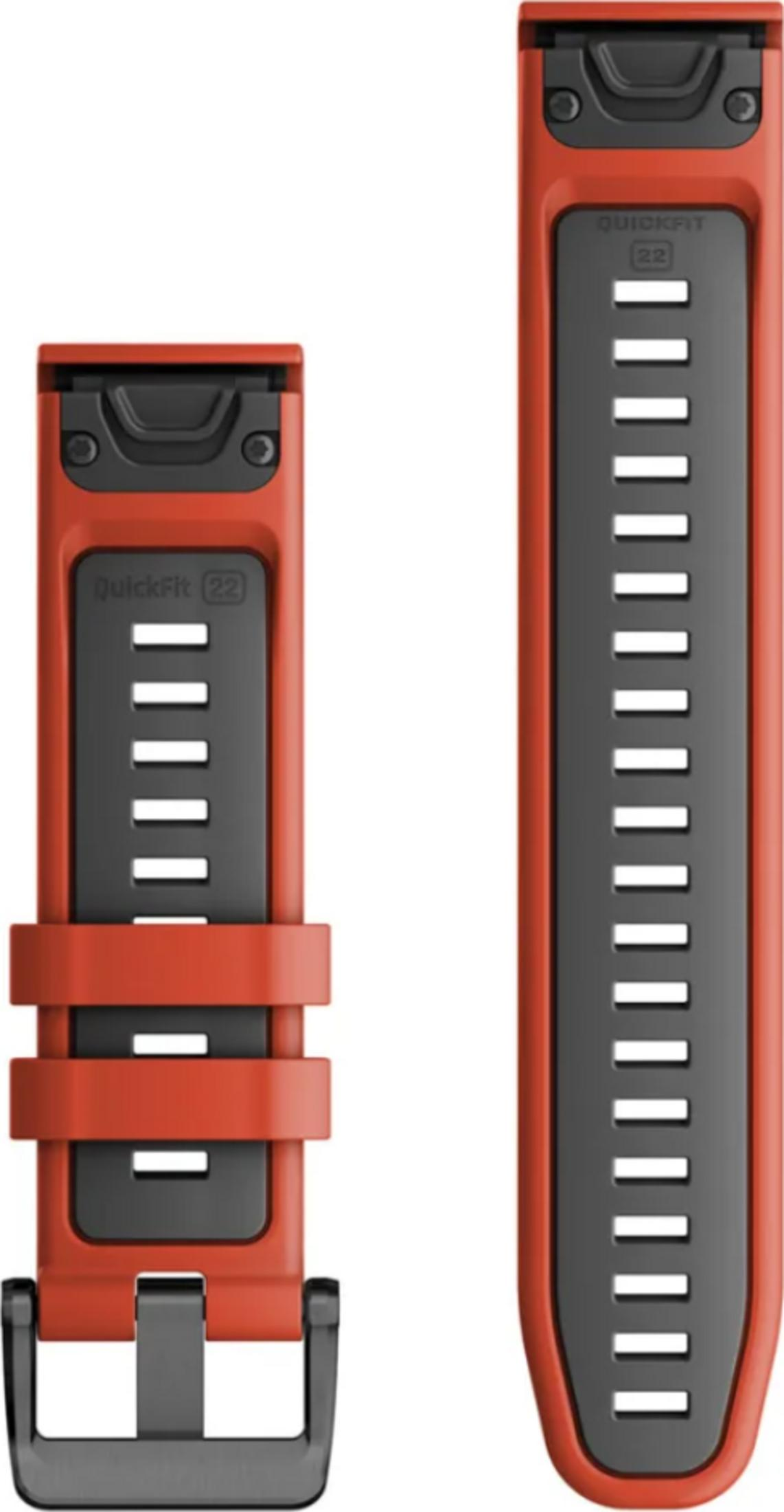 Zwei rote Uhrenarmbänder mit schwarzen Details und silberner Schnalle.