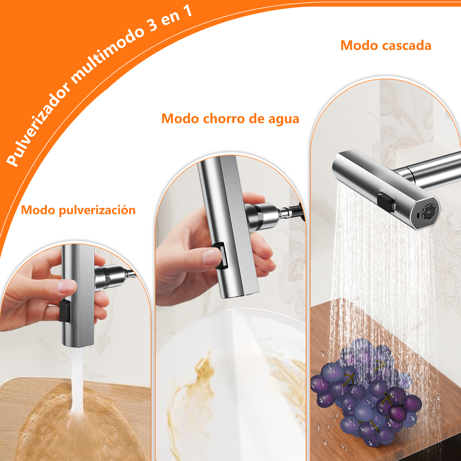 Tres opciones de modo de agua mostradas con un grifo plateado sobre fondo blanco.