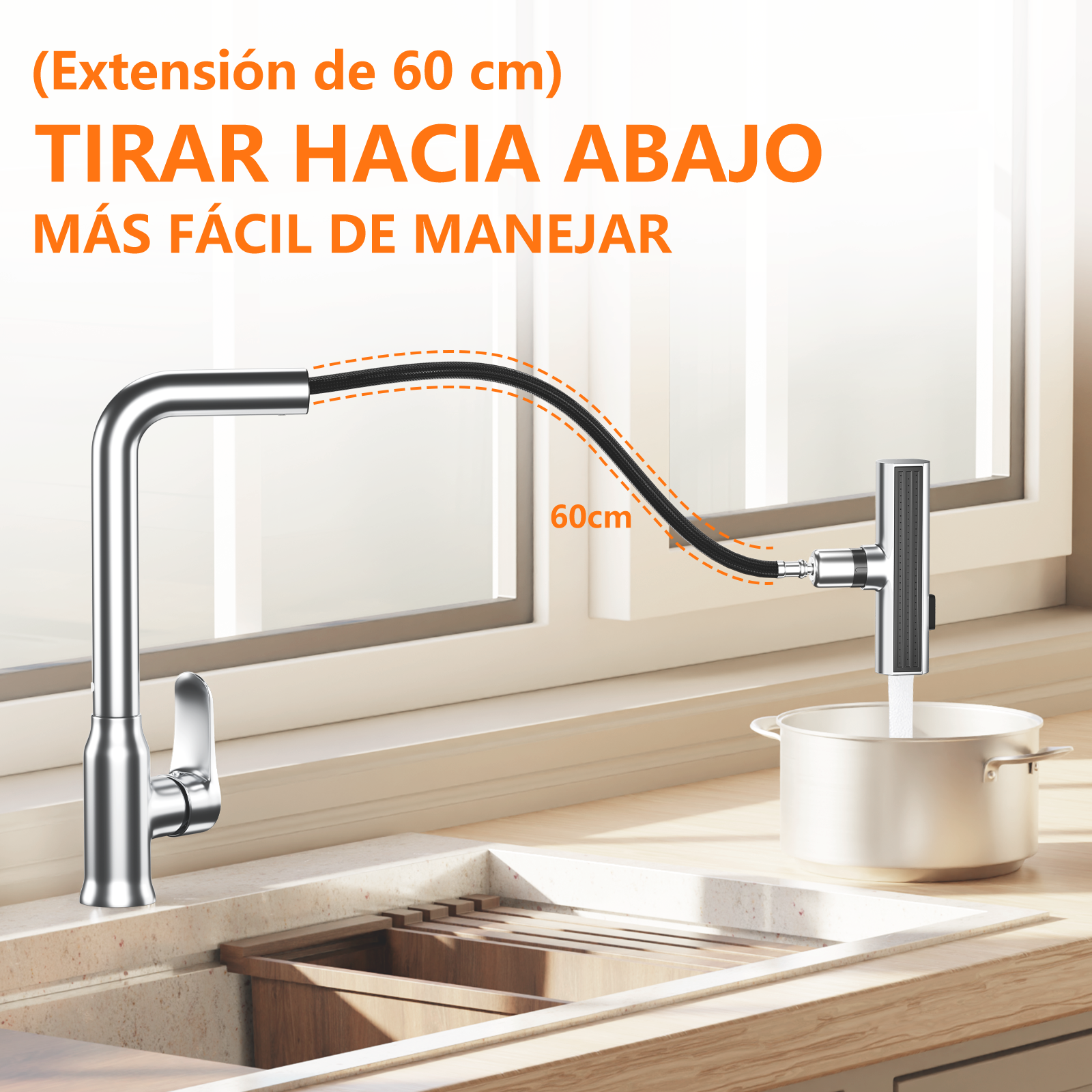 Un grifo plateado con manguera extraíble llena una olla en un fregadero.