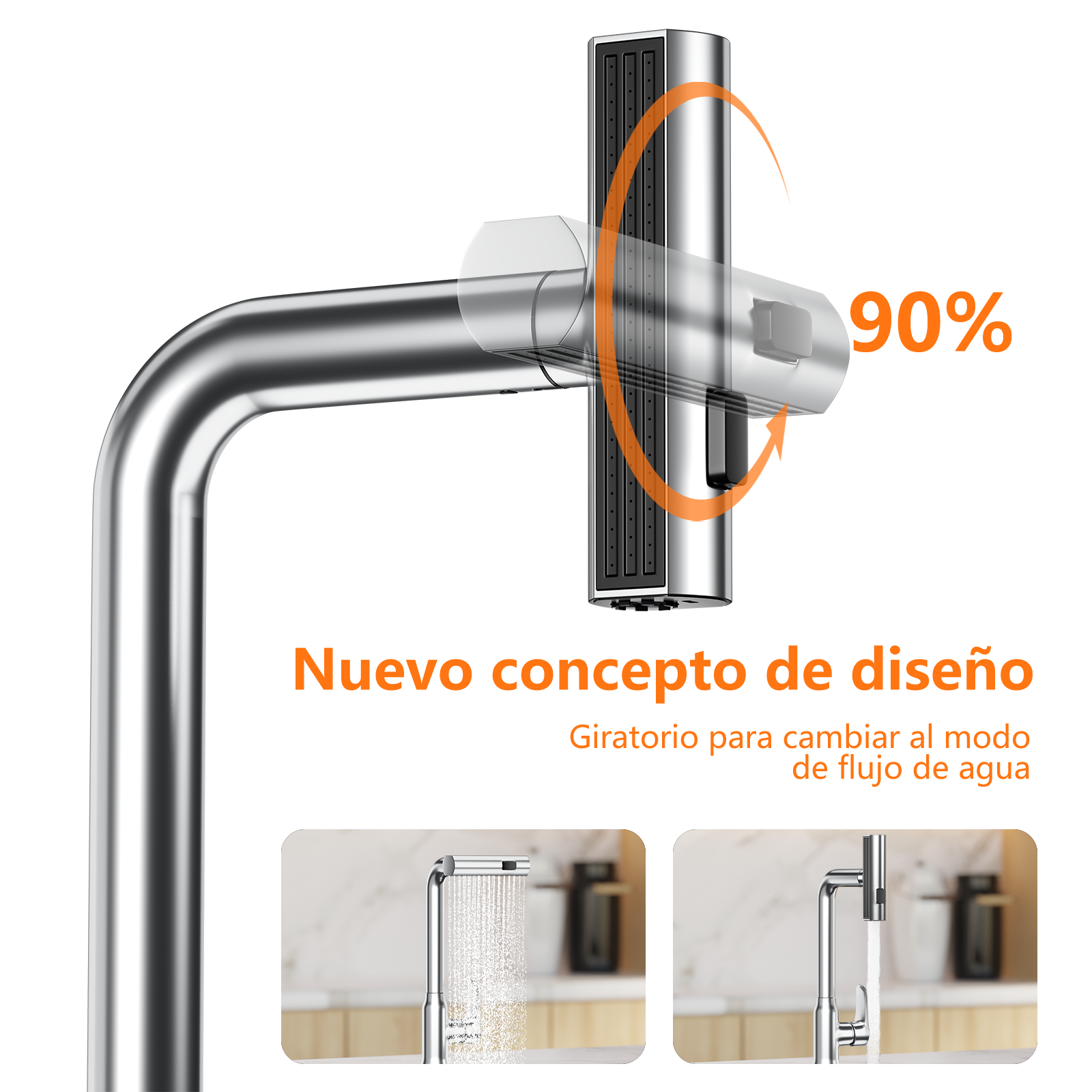 Grifo cromado con cabezal de ducha giratorio y chorro de agua. 90%.