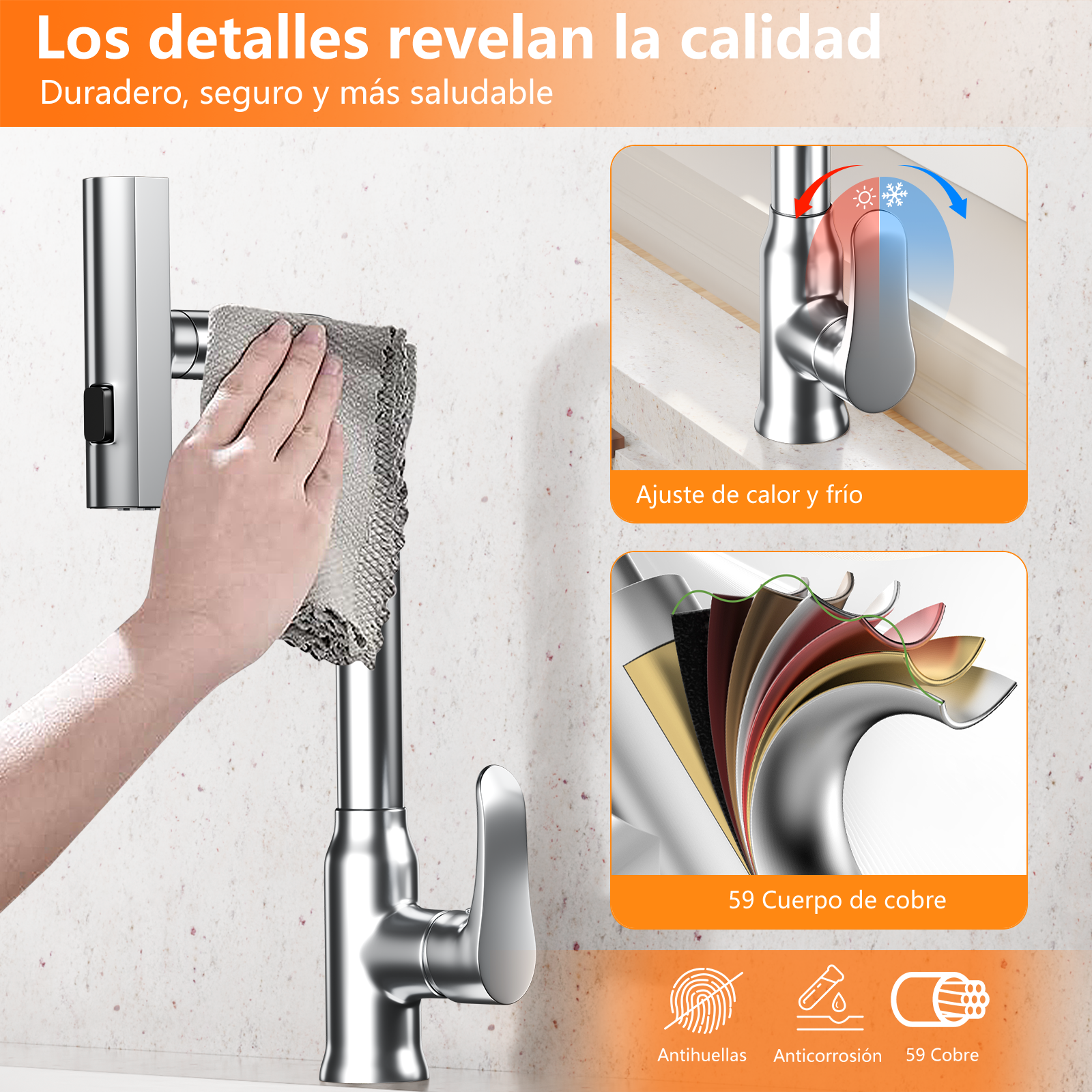 Un grifo plateado se limpia con un paño. Detalles muestran ajuste calor/frío y cuerpo de cobre.