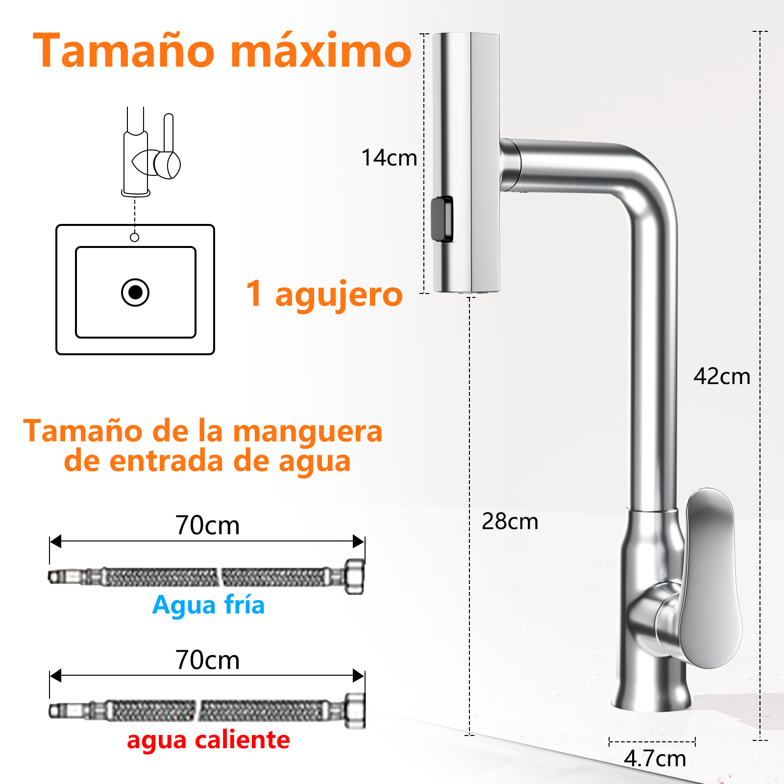 Dimensiones del grifo: 14cm alto, 42cm largo, 28cm caño, 4.7cm base.