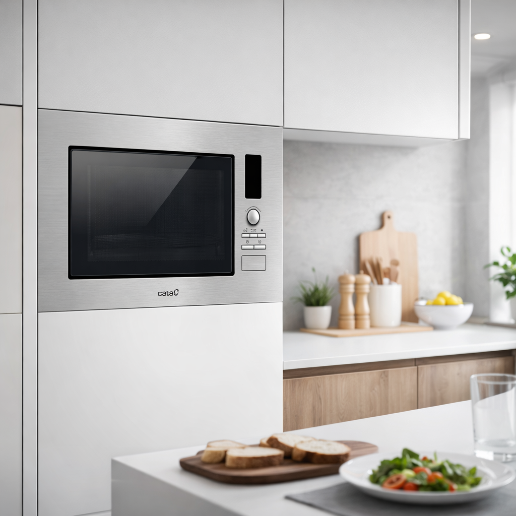 Microondas empotrado con pantalla táctil y dial en una cocina moderna.