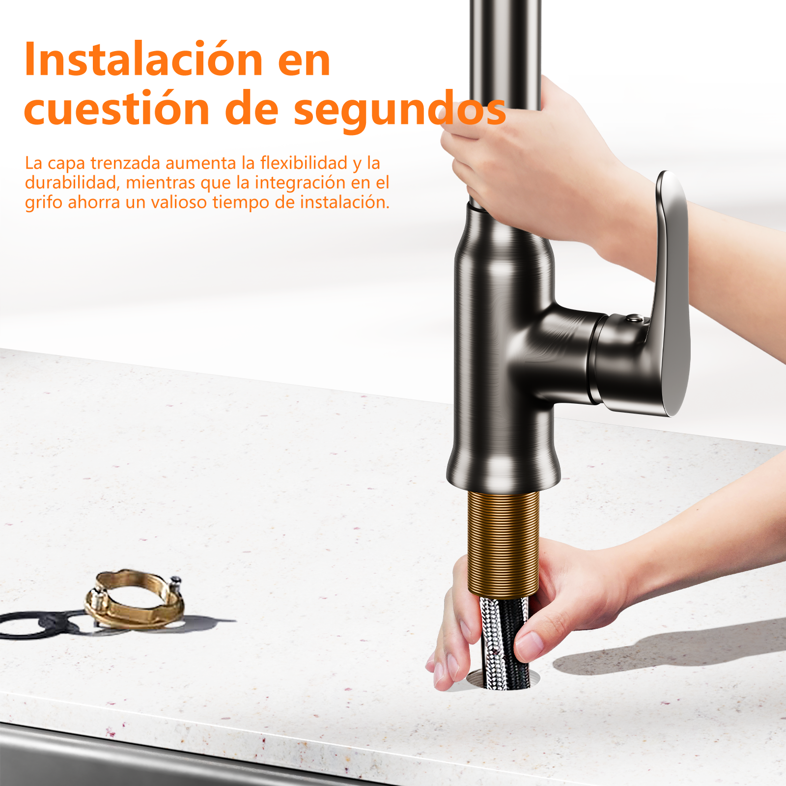 Instalación en segundos: Manos instalando grifo con manguera flexible.