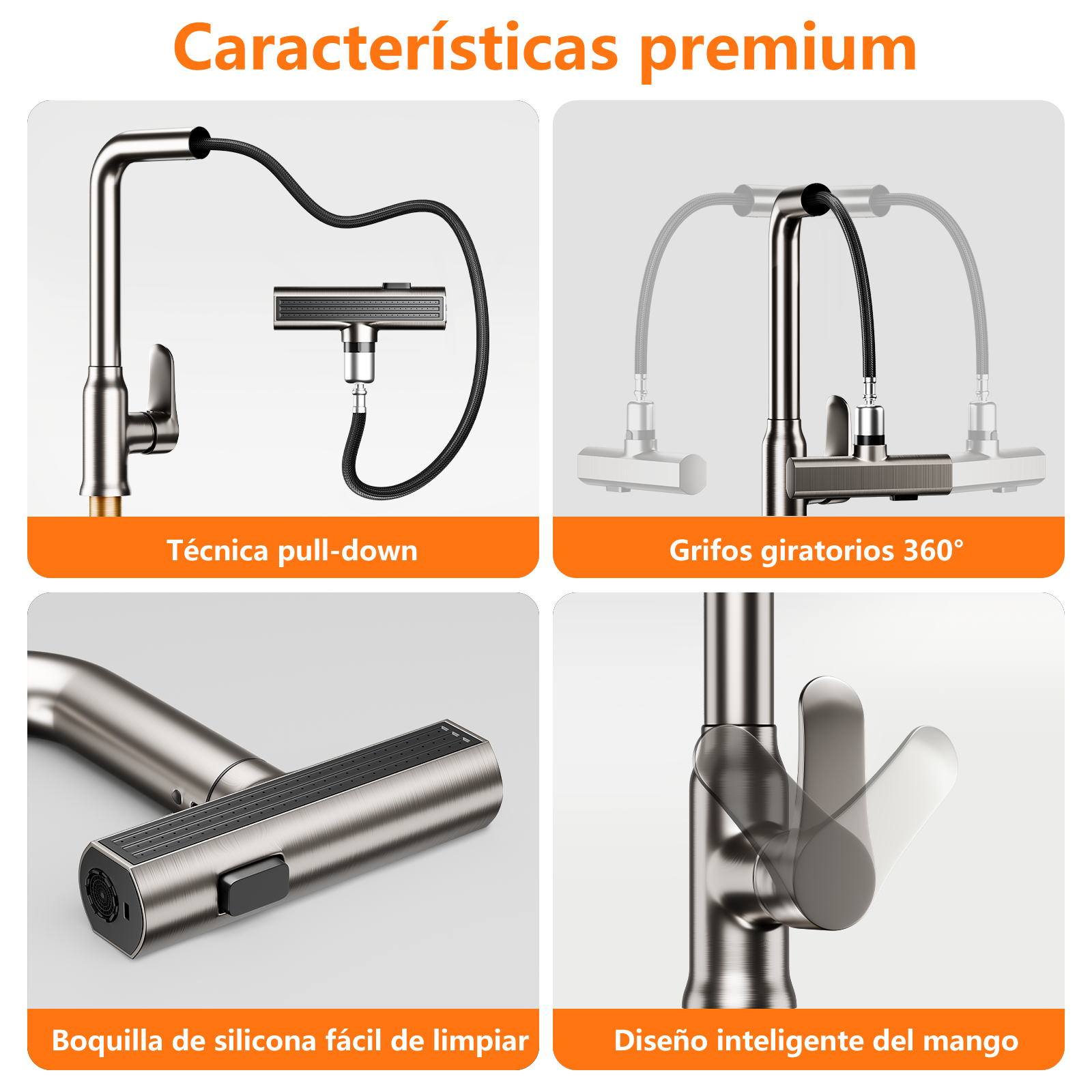 Grifo de cocina con manguera extraíble y cabezal giratorio.