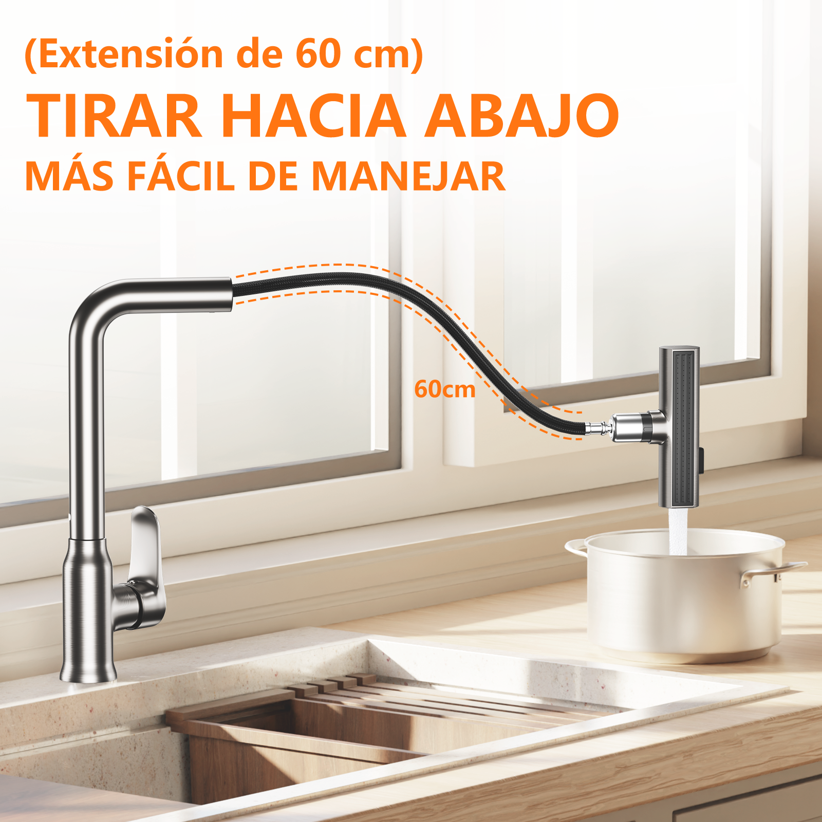 Grifo extraíble de 60 cm llenando una olla.