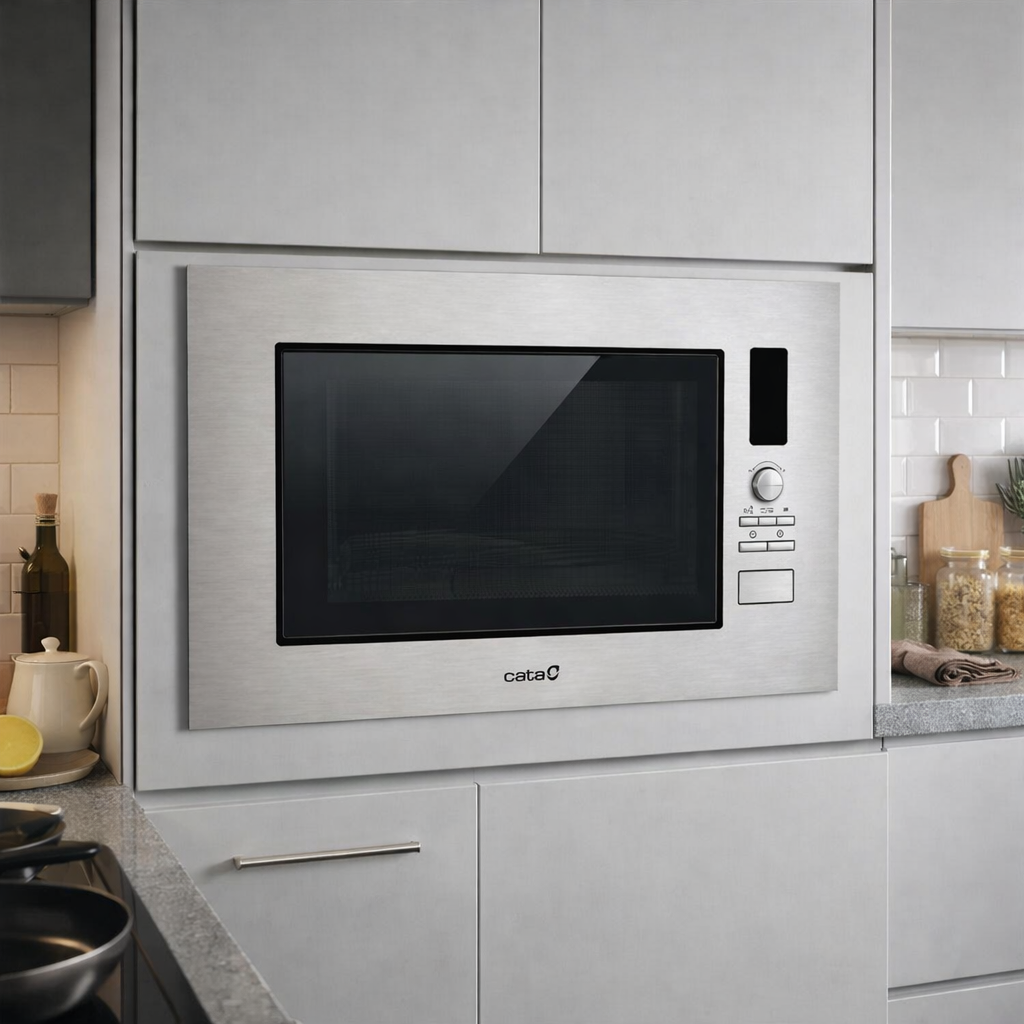 Un microondas empotrable de acero inoxidable con puerta negra y panel.