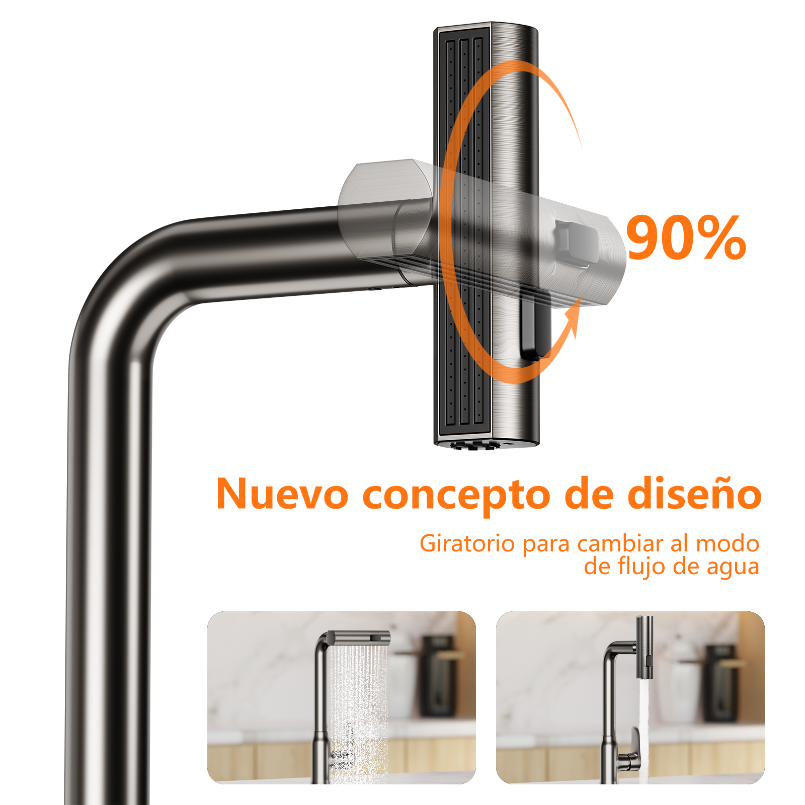 Grifo moderno con cabezal de ducha giratorio, 90% de rotación.