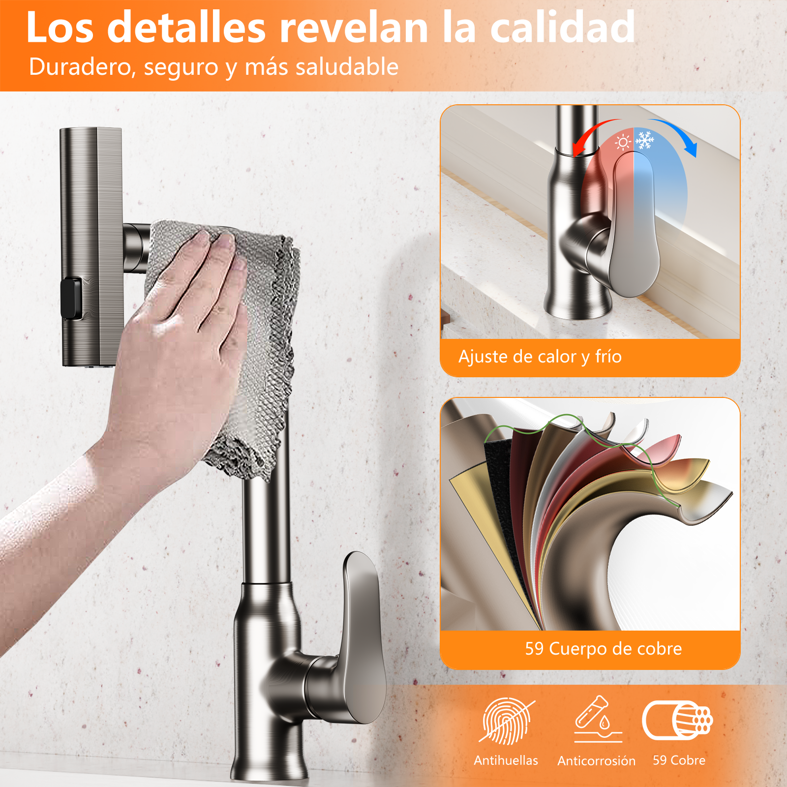 Una mano limpia un grifo plateado. Detalles muestran control de calor/frío y capas de material.