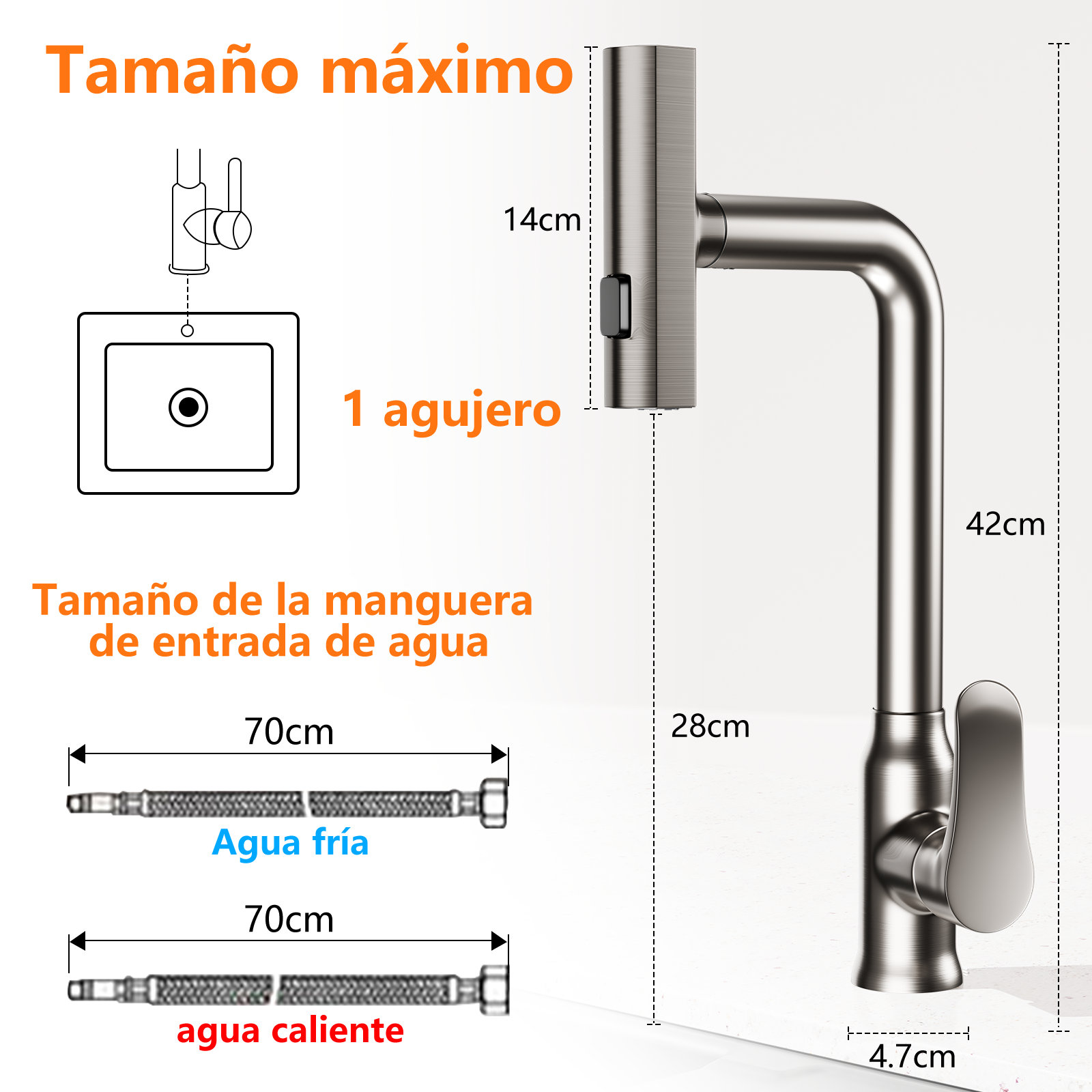 Grifo acero inoxidable: 42cm alto, 14cm ancho, 28cm alcance. Mangueras 70cm.