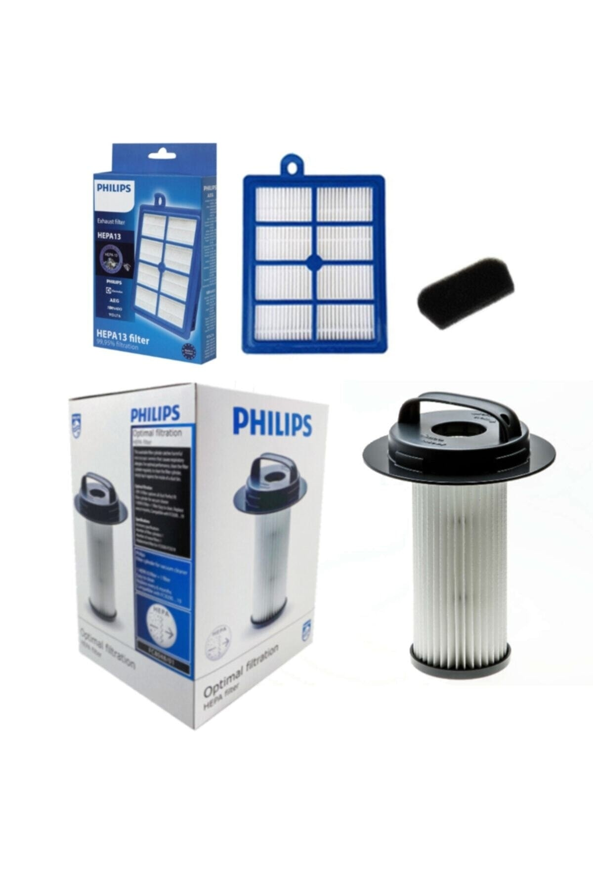 Philips HEPA filtre ürünleri ve ambalajları beyaz zeminde.
