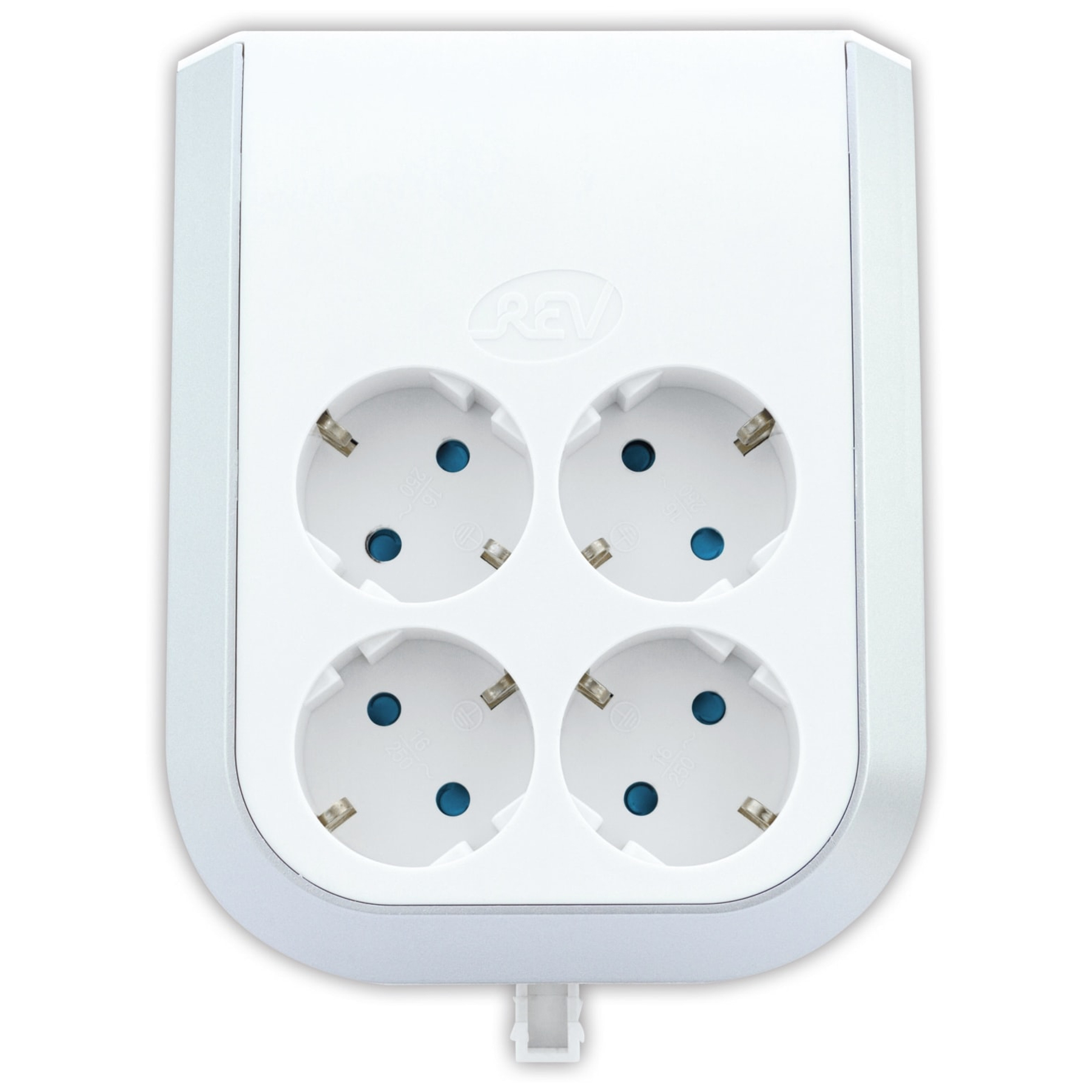 Un adattatore multiplo bianco con quattro prese e inserti blu.