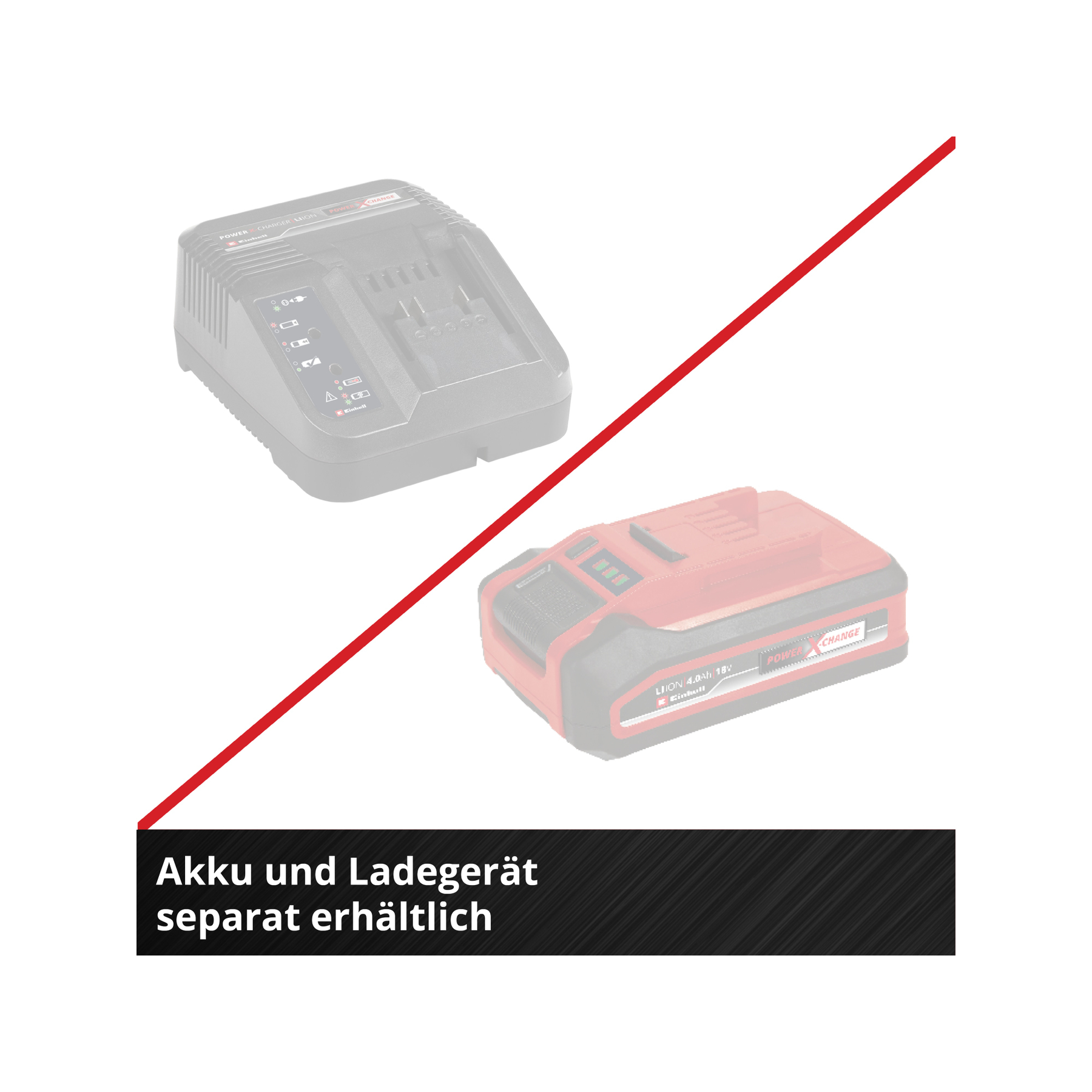 Akumulator i ładowarka Einhell. Akumulator jest czerwony, ładowarka czarna.